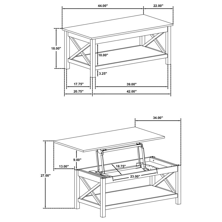 Coaster 722088 Skyview white finish wood 47" rectangular lift top coffee table lower shelf