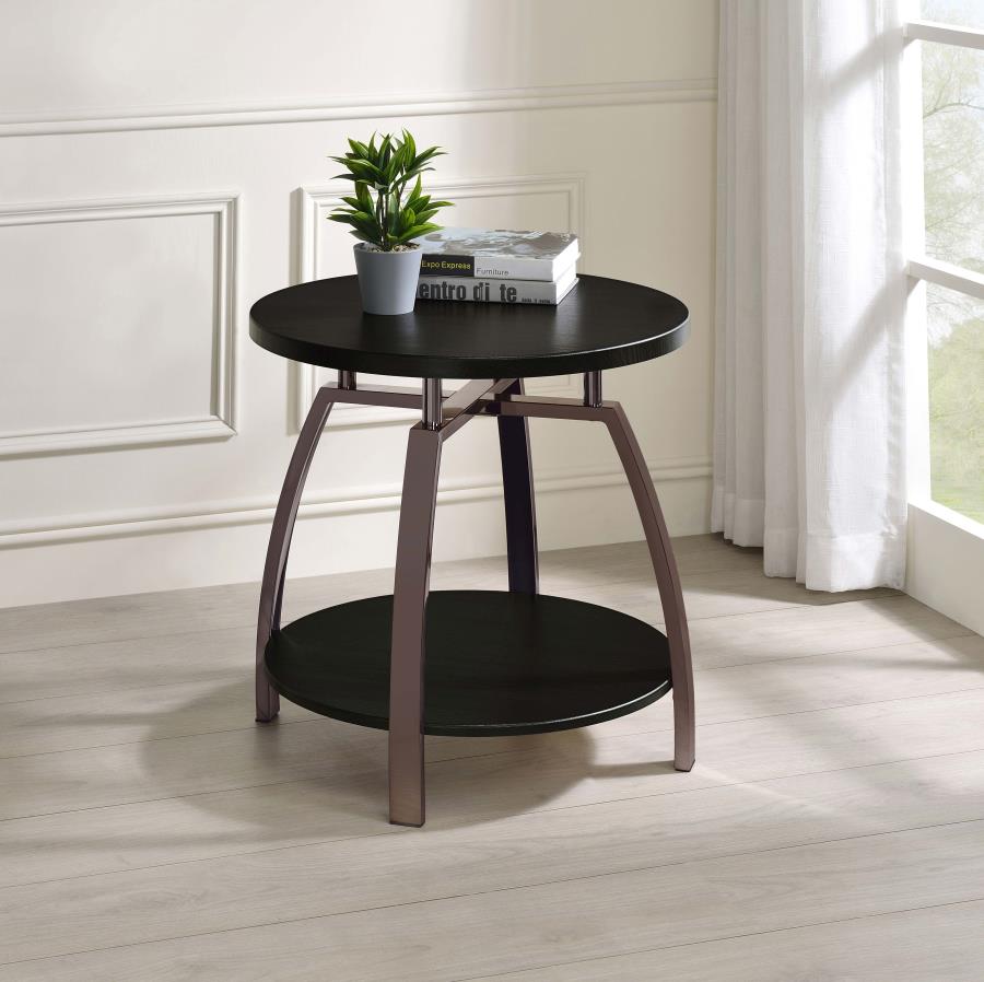 Coaster 722207 Wildon charlton home Dacre dark charcoal finish wood black nickel frame round end table with lower shelf