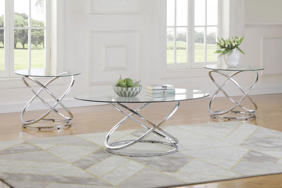 Coaster 722373 3 pc set WIlla arlo interiors warren chrome finish metal oval clear glass top coffee and end table set