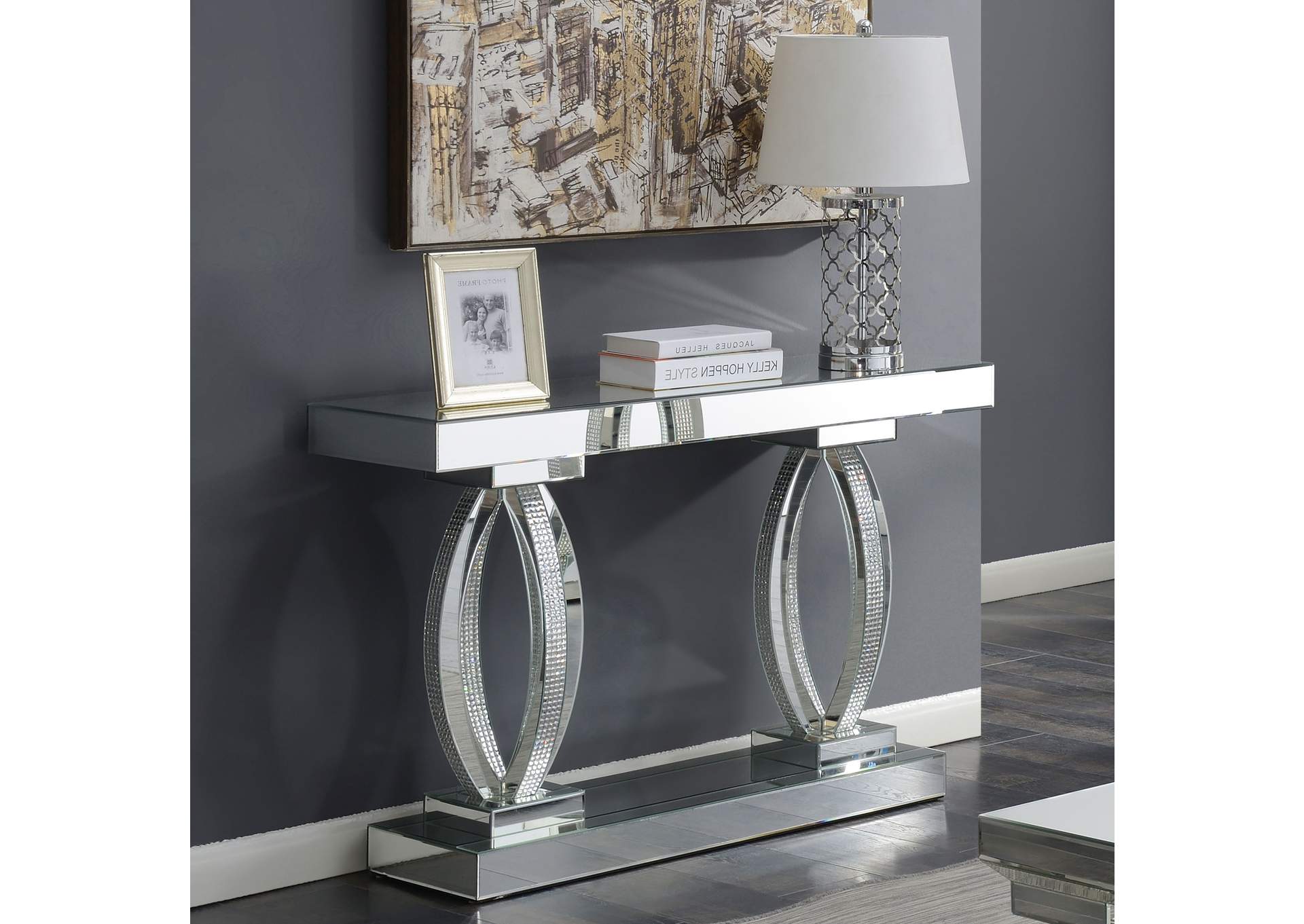 Coaster 722519-Clearance Rosdorf park lenum glass mirror and crystal curved base sofa entry console table **Clearance**