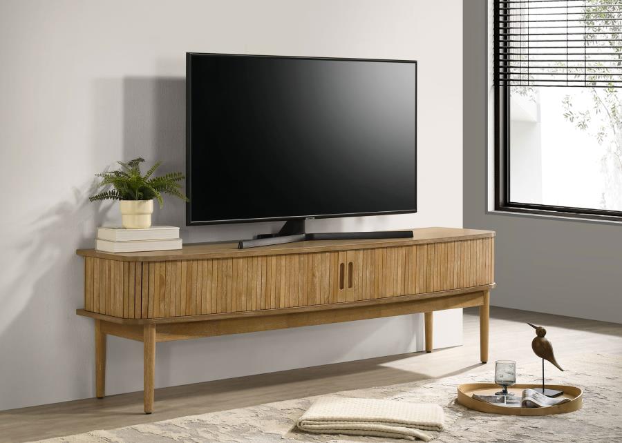Coaster 722923 Croyden weathered natural finish wood ribbed front doors mid-century 71" tv stand sliding front doors
