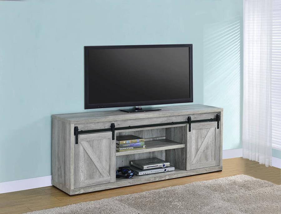 Coaster 723263 Gracie oaks grey driftwood finish wood farmhouse 71" tv stand with sliding doors