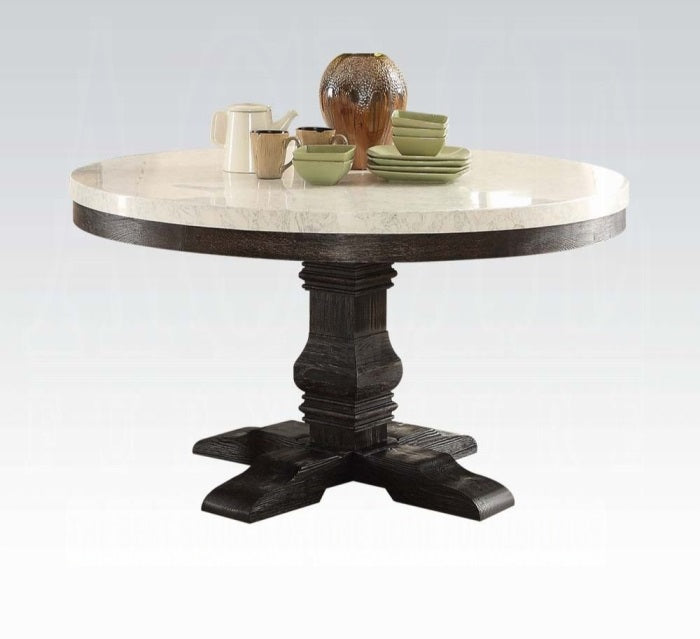 Acme 72845-52 5 pc Gracie oaks demopolis nolan white marble top salvaged dark oak finish wood 54" round dining table set