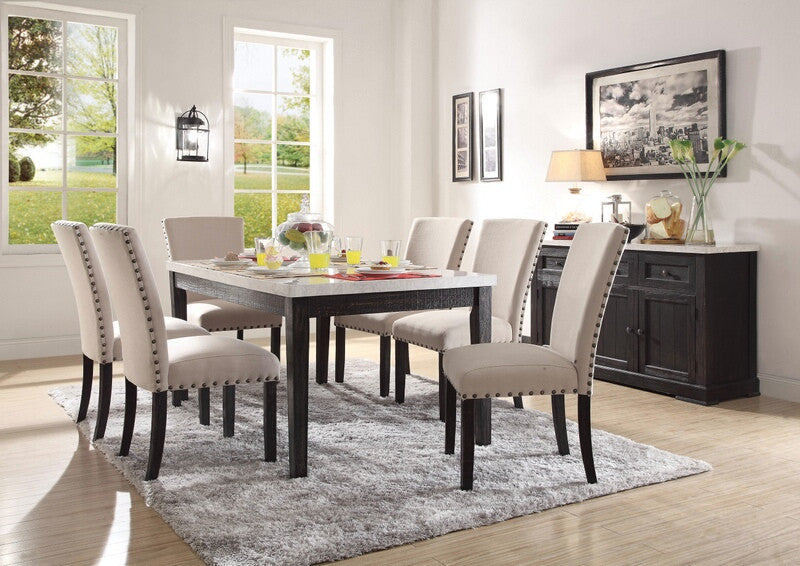Acme 72850-52 7 pc Nolan white marble top salvaged dark oak finish wood dining table set