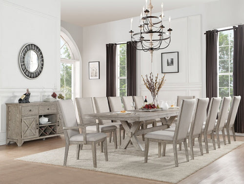 Acme 72860-62-63 7 pc Gracie oaks denham rocky gray oak finish wood 118" long double pedestal dining table set