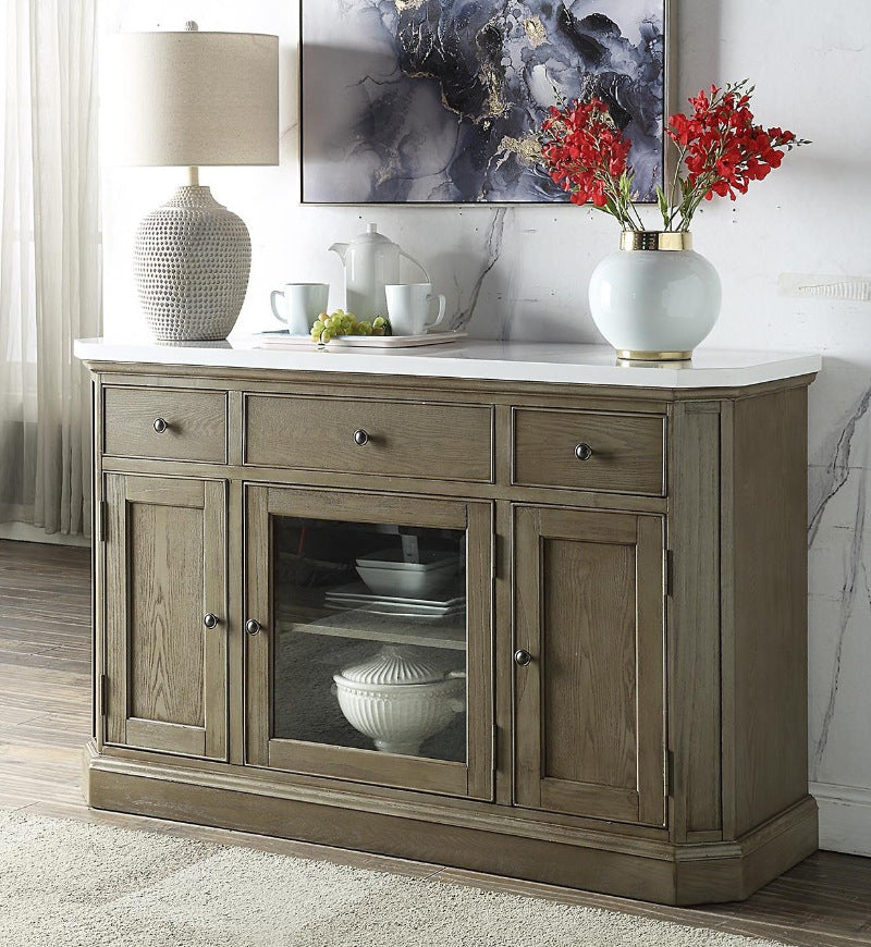 Acme 73263 Foundry select Zumala weathered gray oak finish wood faux marble top dining server buffet cabinet