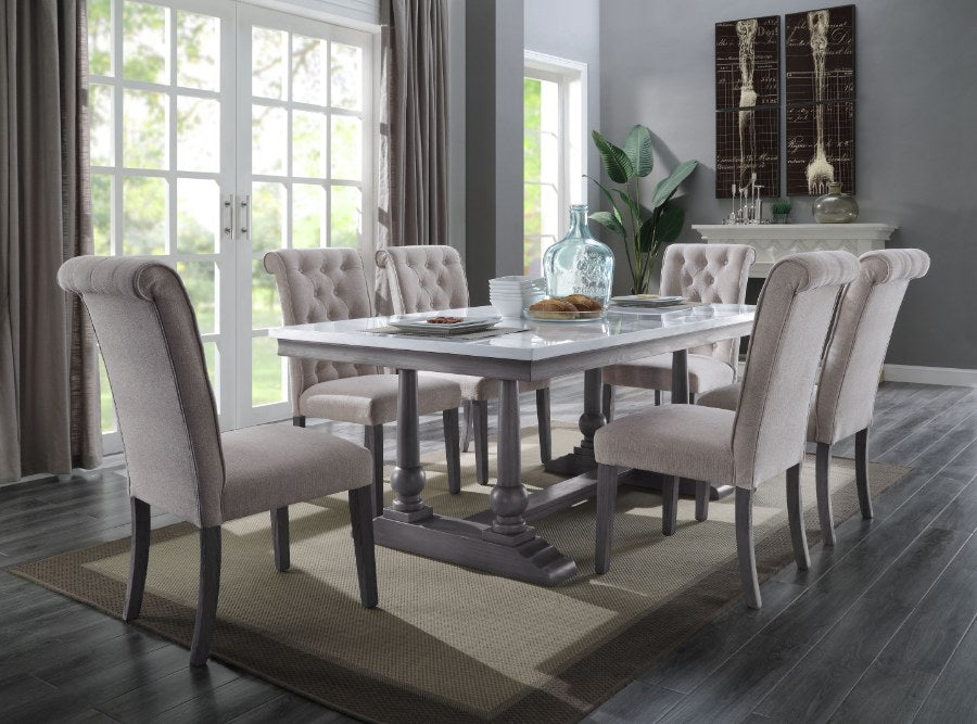 Acme 73265-67 7 pc Yabeina grey finish wood and white marble top dining table set