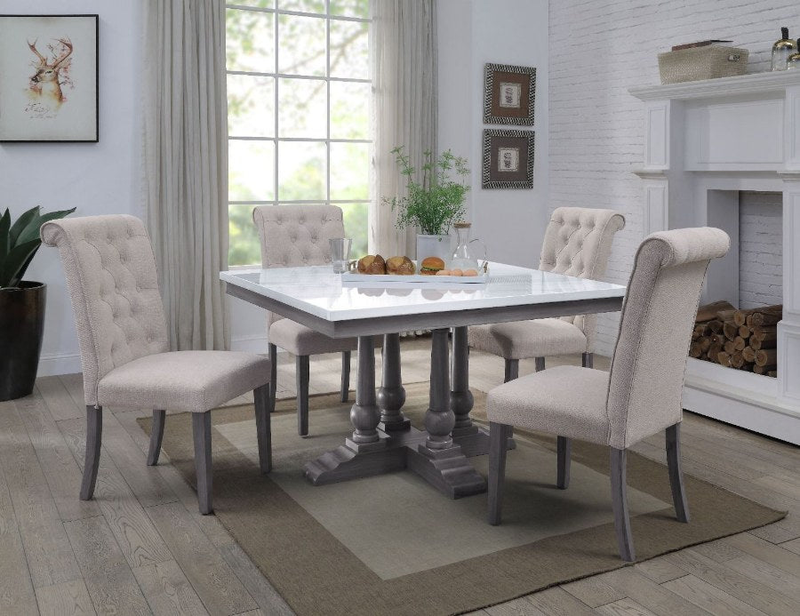 Acme 73270-67 5 pc Yabeina grey finish wood and white square marble top dining table set