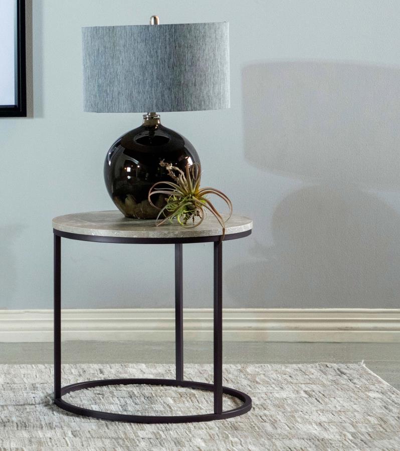 Coaster 736027 Wildon charlton home lainey grey faux marble top gunmetal frame round end table