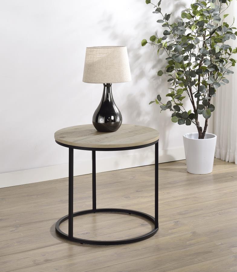 Coaster Lainey Pine Round End Table with Black Metal Base – 736047