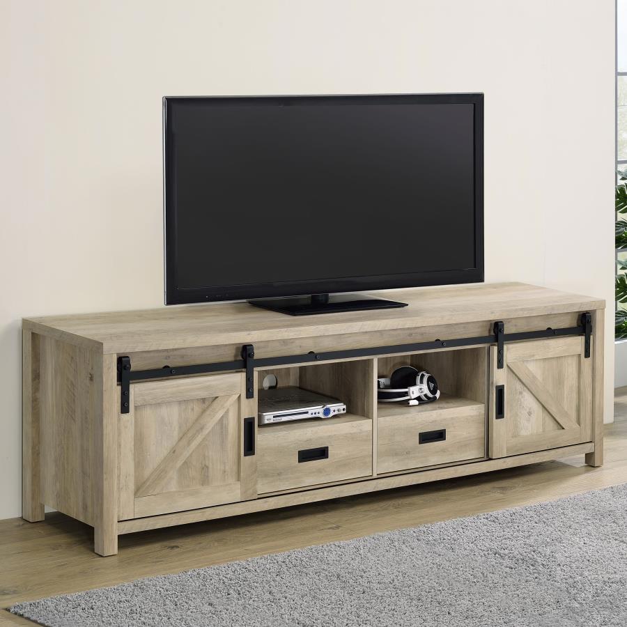 Coaster 736263 Madra distressed pine finish wood farmhouse 79" tv stand with sliding doors