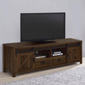 Coaster 736273 Madra distressed dark pine finish wood farmhouse 79" tv stand with sliding doors