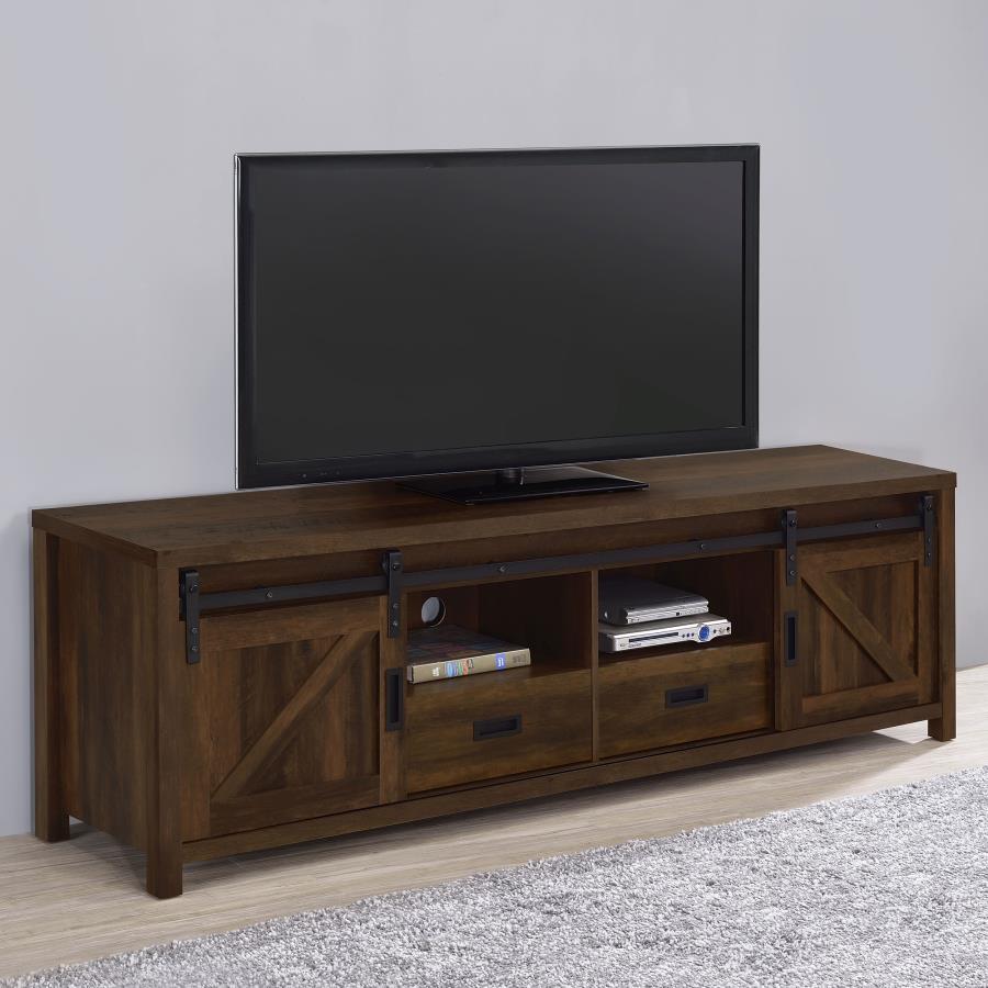 Coaster 736273 Madra distressed dark pine finish wood farmhouse 79" tv stand with sliding doors