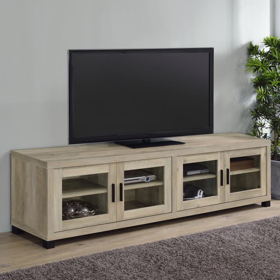 Sachin Distressed Pine 79" TV Stand with 4 Glass Front Doors – 736283