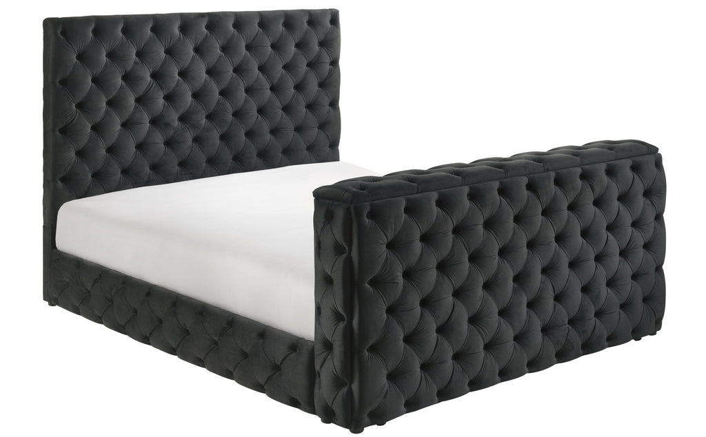 Crown Mark 5213BK josephine black velvet fabric tufted queen bed with TV lift footboard