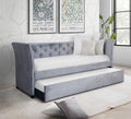 7523 Light grey velvet fabric flared arms tufted accents twin size day bed with twin size trundle bed