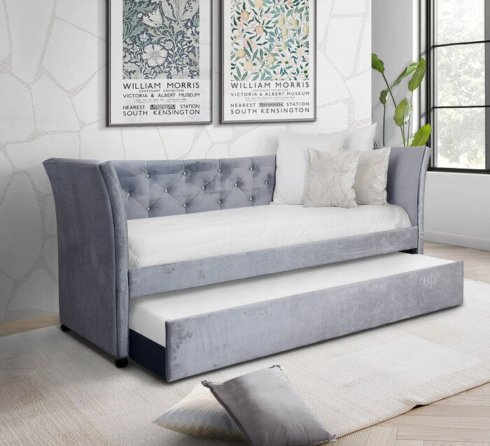 7523 Light grey velvet fabric flared arms tufted accents twin size day bed with twin size trundle bed