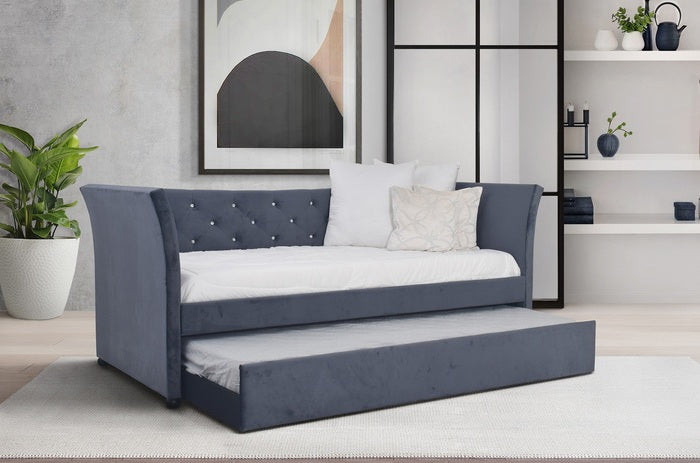 7525 Dark grey velvet fabric flared arms tufted accents twin size day bed with twin size trundle bed