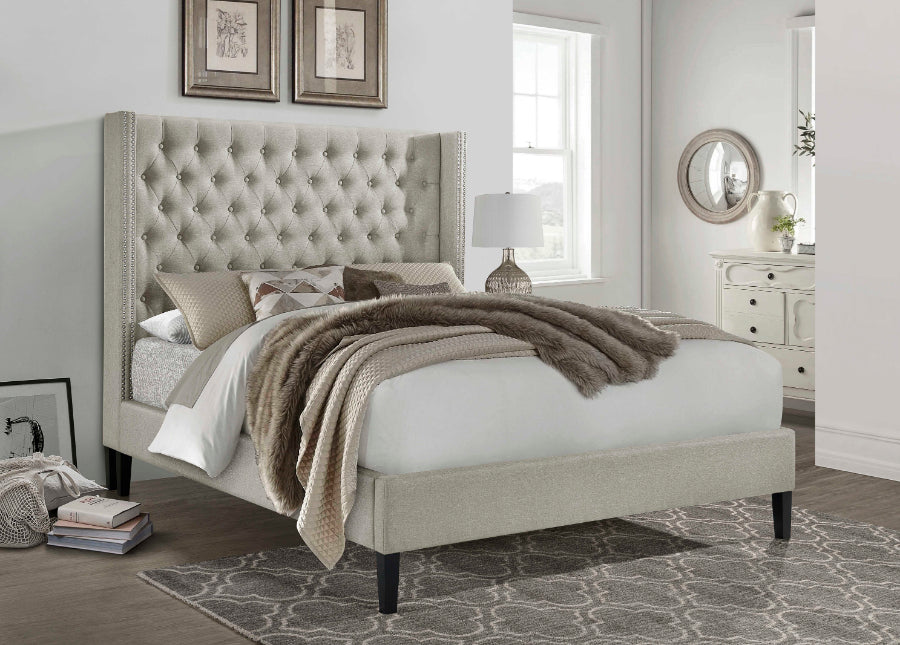 Bourdon Queen Bed – Beige Fabric Button Tufted Headboard with Nail Head Accents & Rails -7534-Q