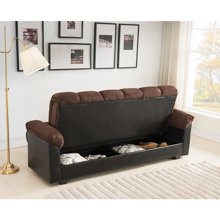 7538-DB Brown two tone fabric and faux leather folding futon sofa bed lounge with storage
