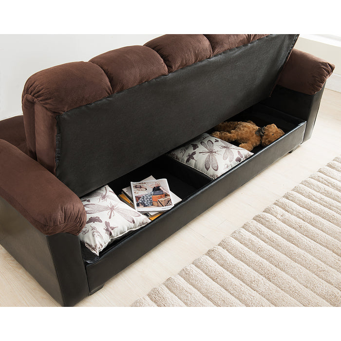 7538-DB Brown two tone fabric and faux leather folding futon sofa bed lounge with storage