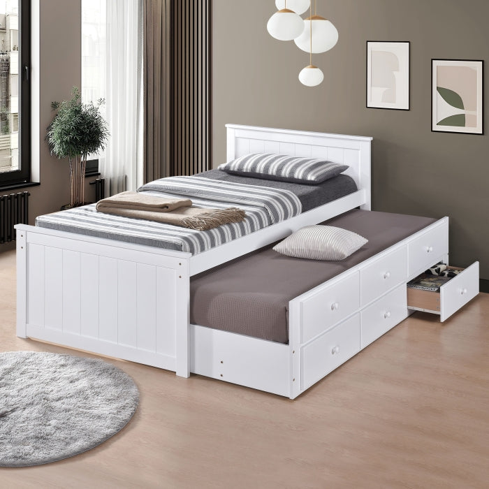 7550-WH Harriet bee riley captains mission style white finish wood twin size bed with storage trundle bed