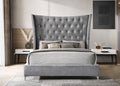 7586 Janette grey fabric regal flared wing back upholstered button tufted queen bed set