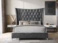 7587 Janette dark grey fabric regal flared wing back upholstered button tufted queen bed set