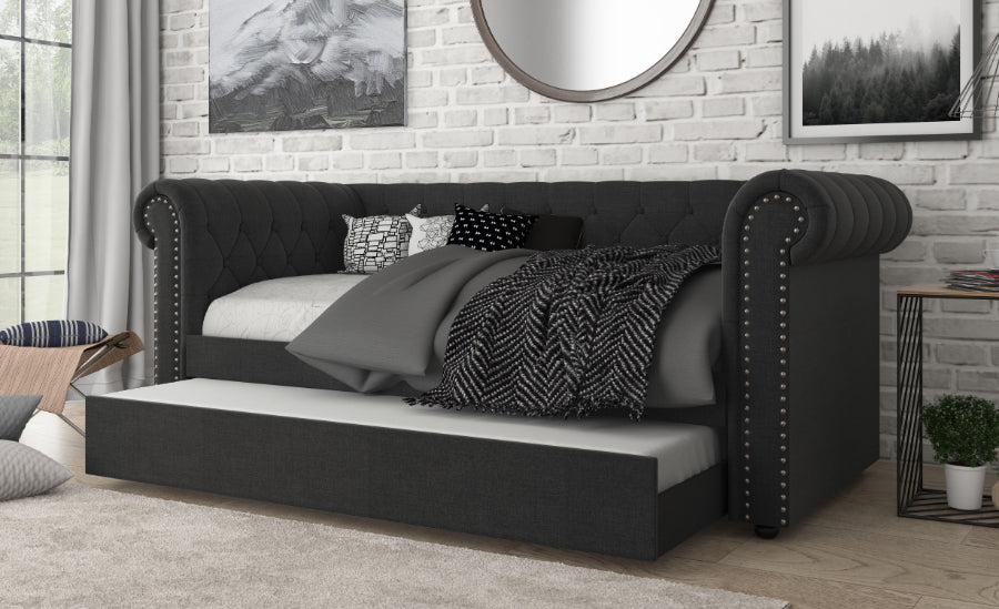 7607-DG  House of hampton dark gray fabric upholstered button tufted day bed with nail head trim