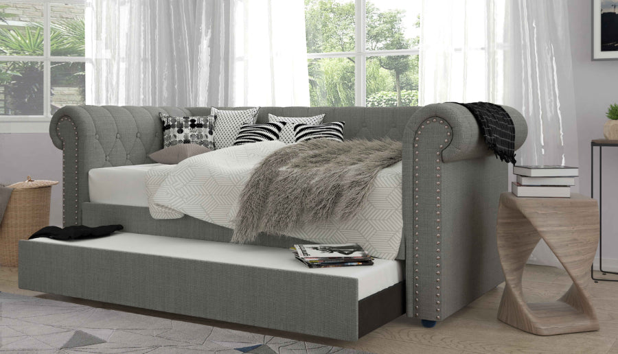 7608-LG  House of hampton light gray fabric upholstered button tufted day bed with nail head trim