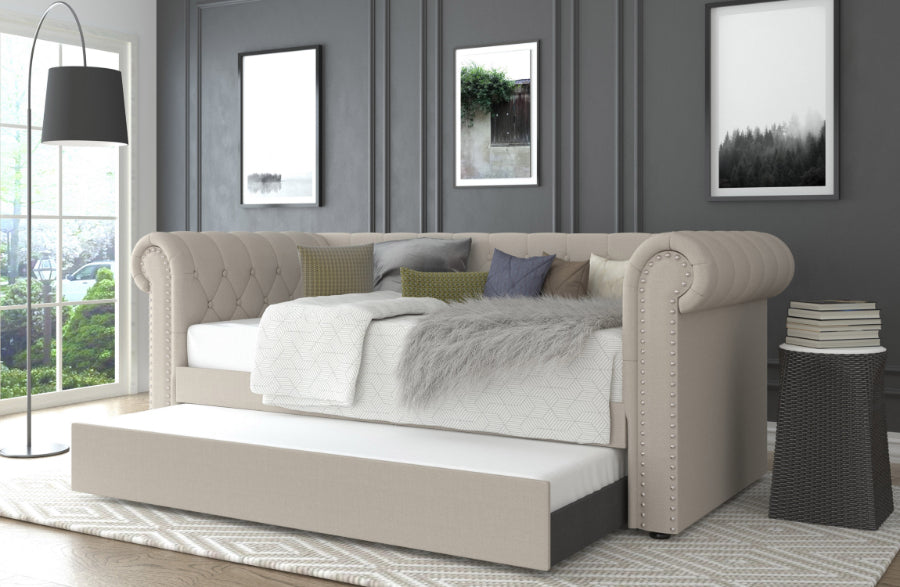 7609-BG  House of hampton beige fabric upholstered button tufted day bed with nail head trim