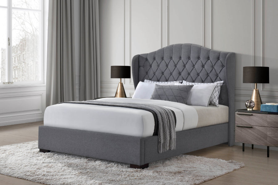 Cal King Bed – Light Grey Fabric Button Tufted Winged Headboard with Footboard & Rails -7671-CK