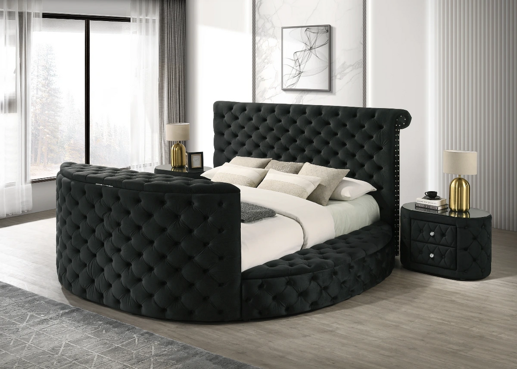 Crown Mark 5212BK Voltare black velvet fabric tufted round queen storage bed with TV lift and built in LED Fireplace