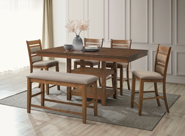 Graven 6-Piece Antique Brown Counter Height Dining Set with Storage Pedestal, Bench & Butterfly Leaf - 7802-6PC