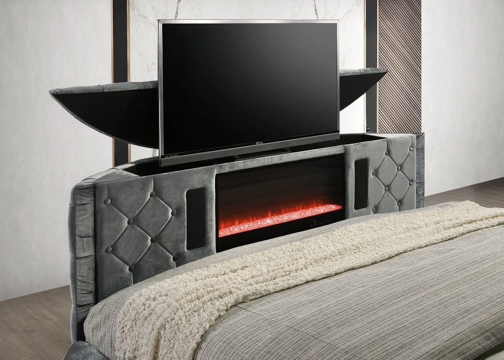 Crown Mark 5212GY Voltare grey velvet fabric tufted round queen storage bed with TV lift and built in LED Fireplace