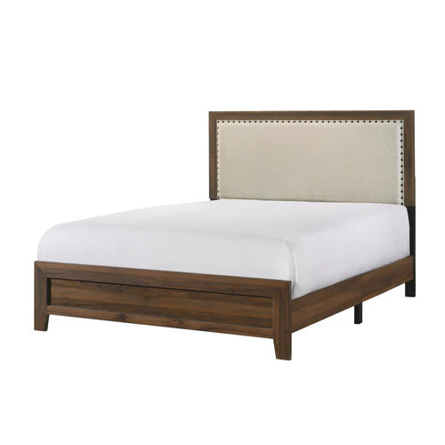 B9255 4 pc Millie brown cherry panel look wood grain finish fabric padded headboard queen bedroom set