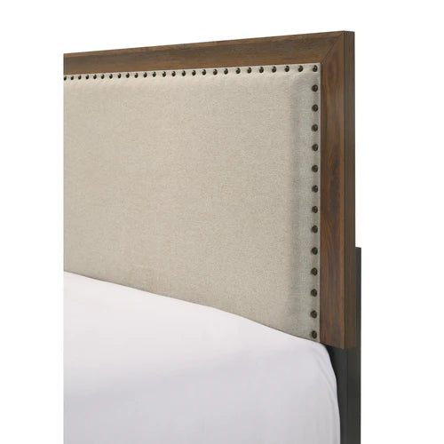 B9255 4 pc Millie brown cherry panel look wood grain finish fabric padded headboard queen bedroom set
