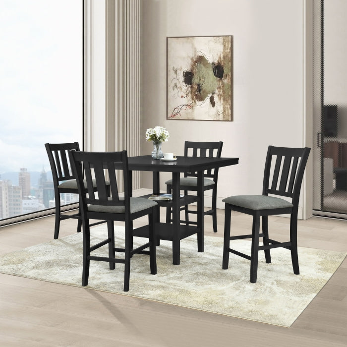 5-Piece Black Wood Counter Height Dining Table Set with 4 Fabric Padded Chairs - 7867-5PC