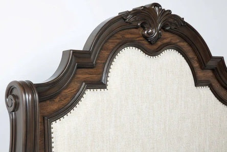 B1640 4 pc Ludwig rich brown finish wood padded upholstered nail head trim headboard bedroom set with marble tops