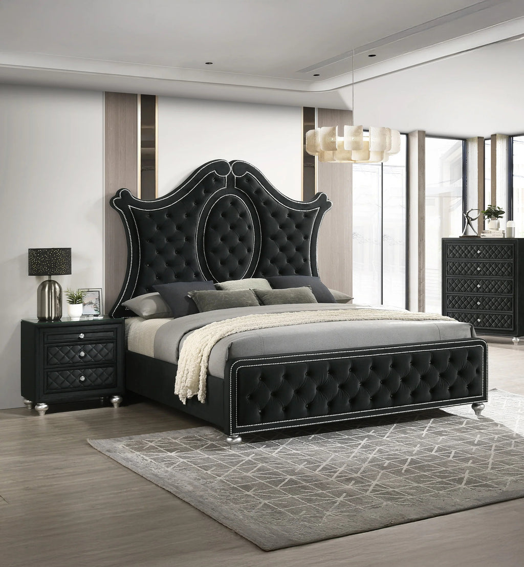 Crown mark B2180 4 pc A & J homes studio cameo black velvet tufted finish design queen bedroom set
