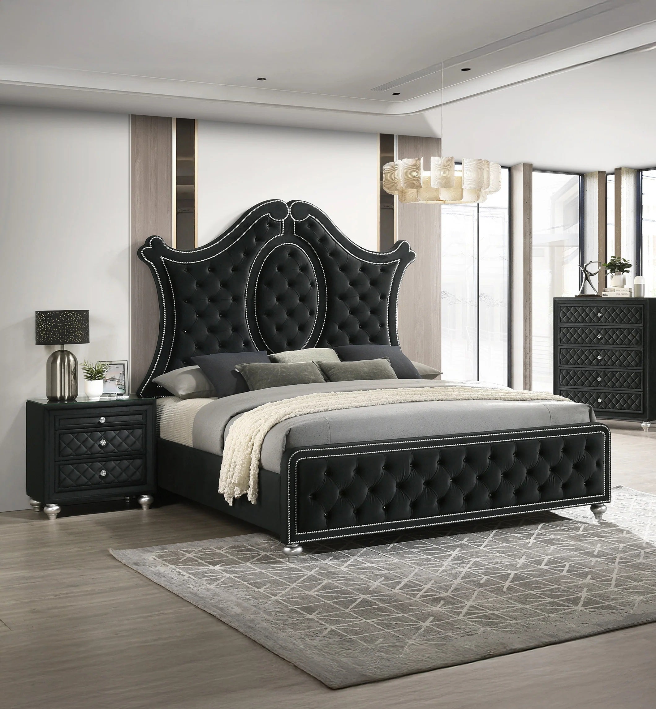 Crown mark B2180 4 pc A & J homes studio cameo black velvet tufted finish design queen bedroom set