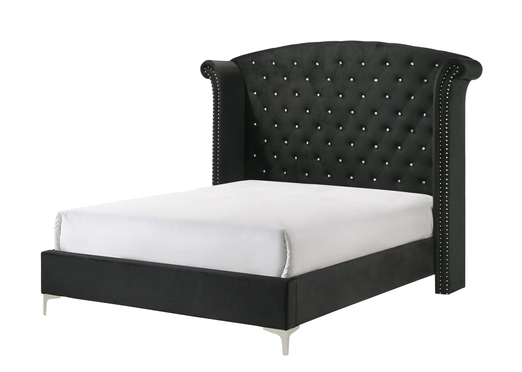 B9265 4 pc lucinda black velvet tufted upholstered queen bedroom set nail head trim
