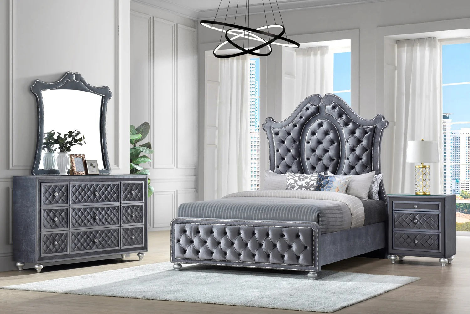 Crown mark B2100 4 pc A & J homes studio cameo gray velvet tufted finish design queen bedroom set