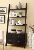 Coaster 800319 Leaning ladder style espresso finish wood modern styling slim line bookcase shelf unit with drawers