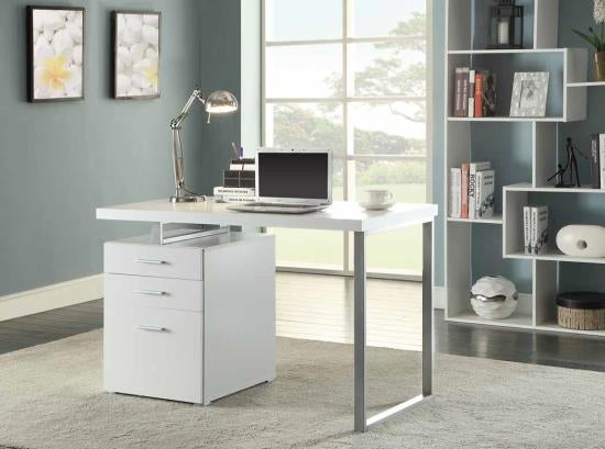 Coaster 800325 Orren ellis tanguay silver finish metal frame and white wood finish top computer student desk with 3 drawer cabinet