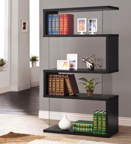 Coaster 800340 Bronx ivy mcateer black finish wood and glass 4 tier bookshelf with alternating glass and wood ends