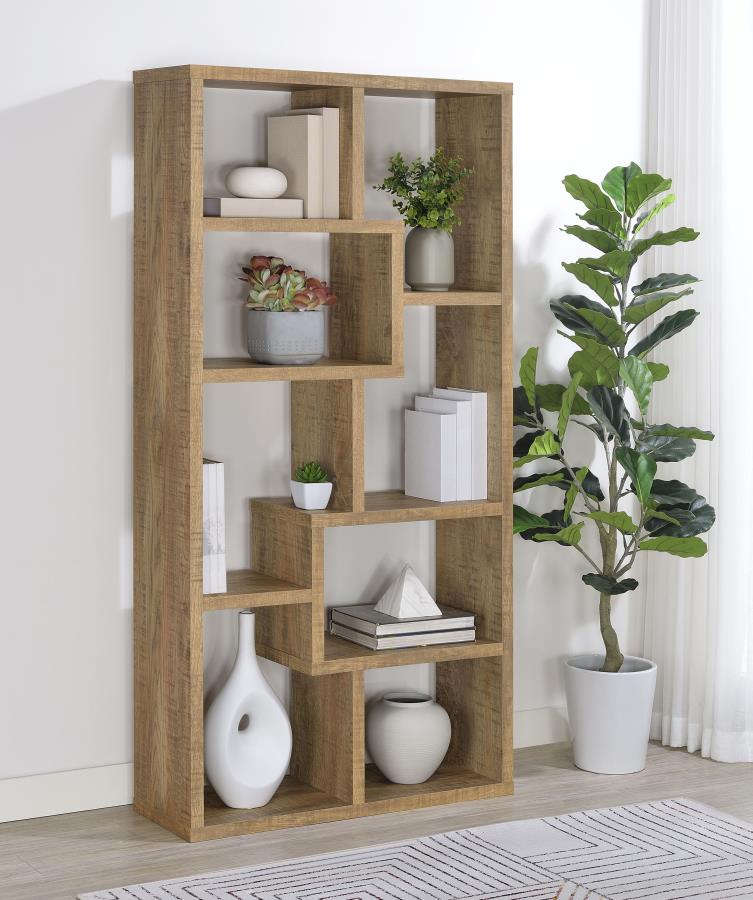 Weathered Wood Multi-Tier Bookshelf with Alternating Shelves – 800515