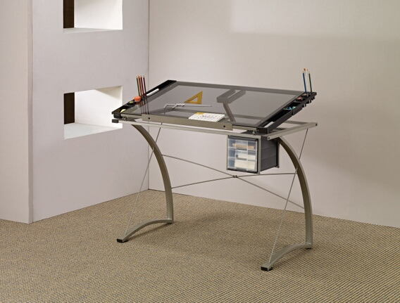 Coaster 800986 Latitude run vanhook melo dark grey finish metal frame with tempered glass top drafting table tilt up surface desk