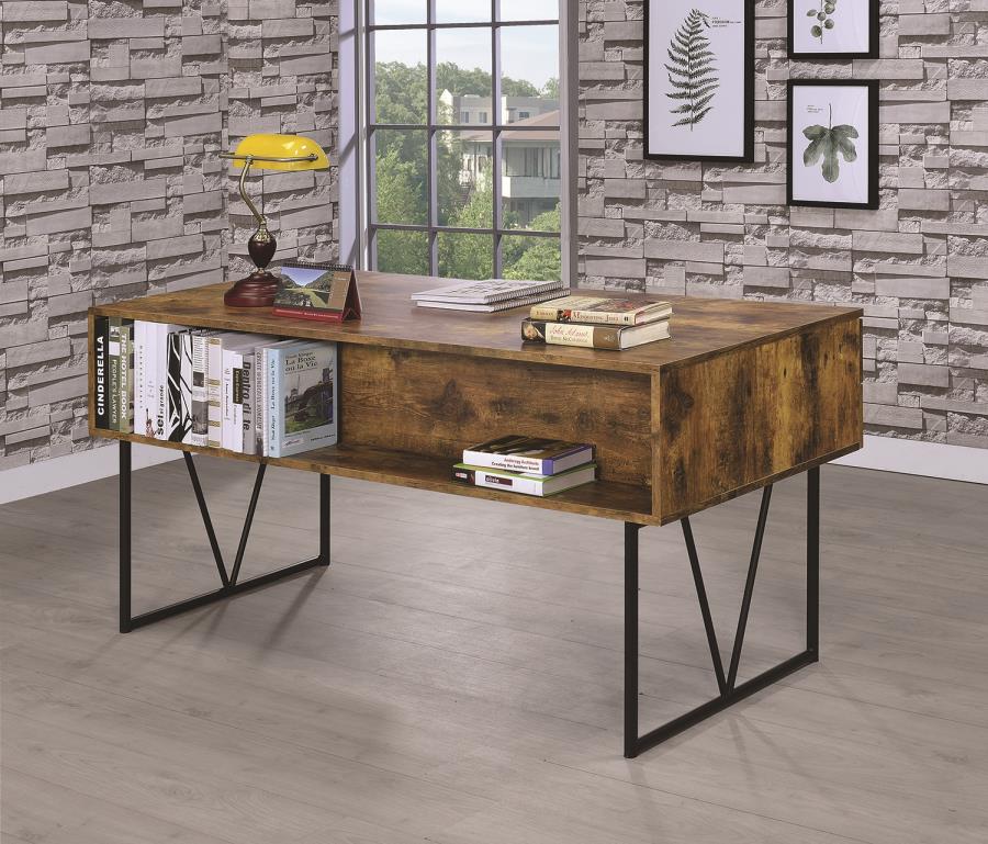 Coaster 800999 17 stories rosina analiese antique nutmeg finish wood and black metal frame writing desk