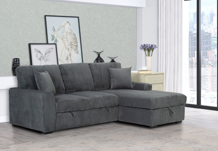 Clarke 2-Piece Dark Grey Corduroy Sectional Sofa with Pull-Out Sleeper & Storage Chaise - 8011-2PC